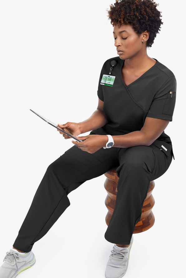 Butter-Soft Women's 5-Pockets Faux Wrap Scrub Top **Slightly IRREGULAR** - Black - 7