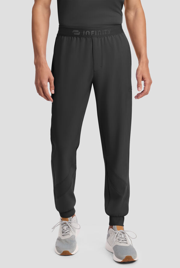 Infinity GNR8 Men's 5-Pocket STRETCH Logo Waistband Rib-Knit Trim Cargo Jogger Scrub Pant - Black - 1