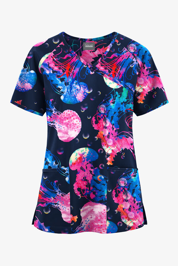 Butter-Soft Originals Serenity Voyage Women's 3-Pocket Raglan Sleeve Mock Wrap Print Scrub Top - null - 1