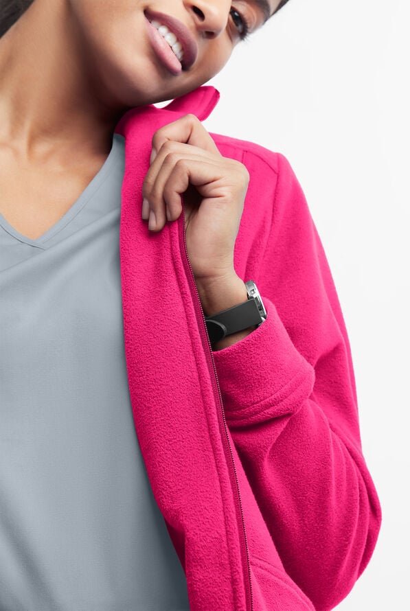 Butter-Soft STRETCH Women's 2-Pocket Zip Front Fleece Scrub Jacket - Reactive Pink - 3
