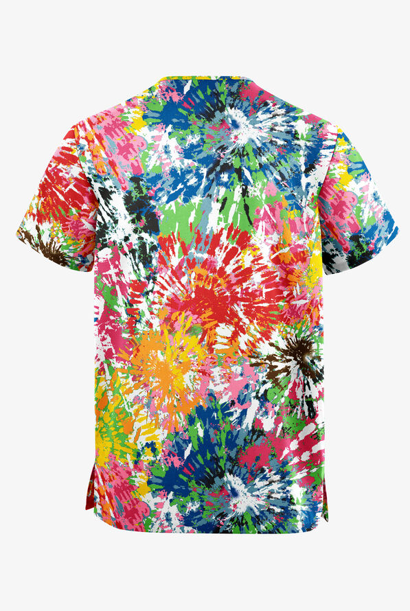 Blusa médica unisex estampada Butter-Soft Originals Rainbow Tie-Dye con cuello en V y 2 bolsillos - null - 2