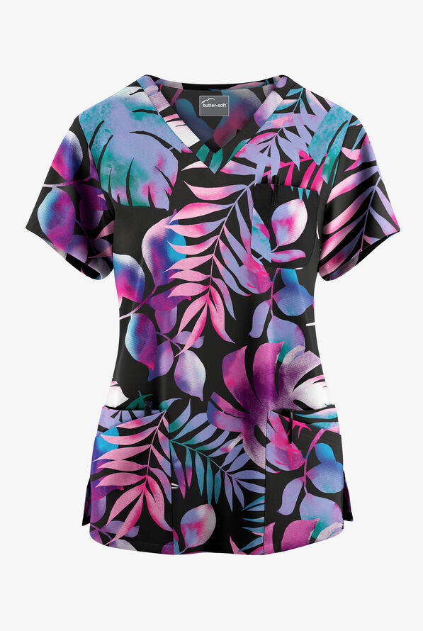 Butter-Soft Originals Aloha Breeze Women's 7-Pocket Curved V-Neck Print Scrub Top - null - 1