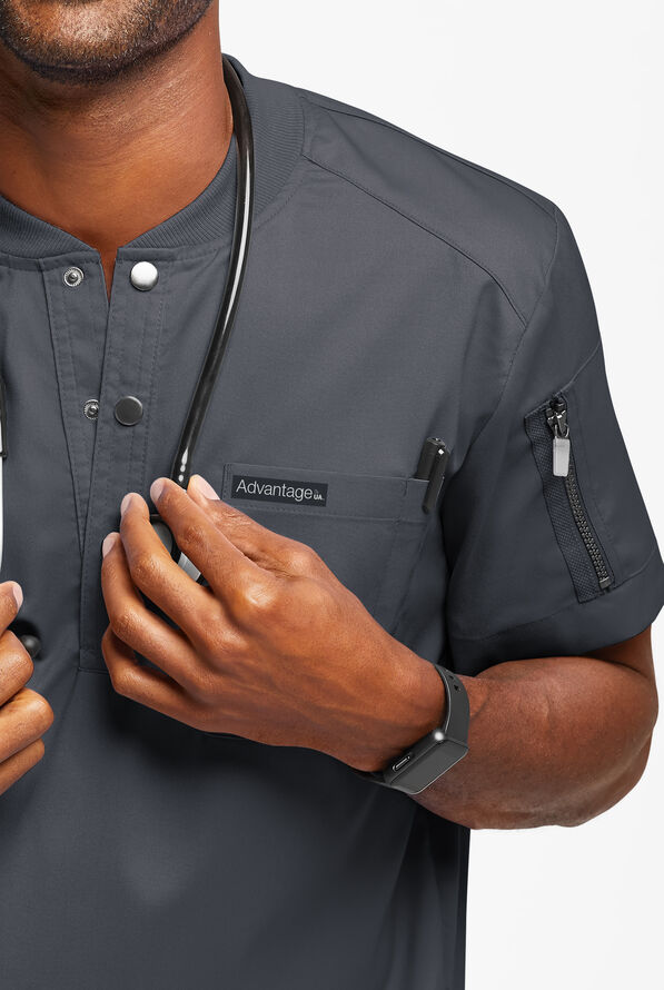 Advantage STRETCH Men's 2-Pocket Short Sleeve Henley Scrub Top - Pewter - 3