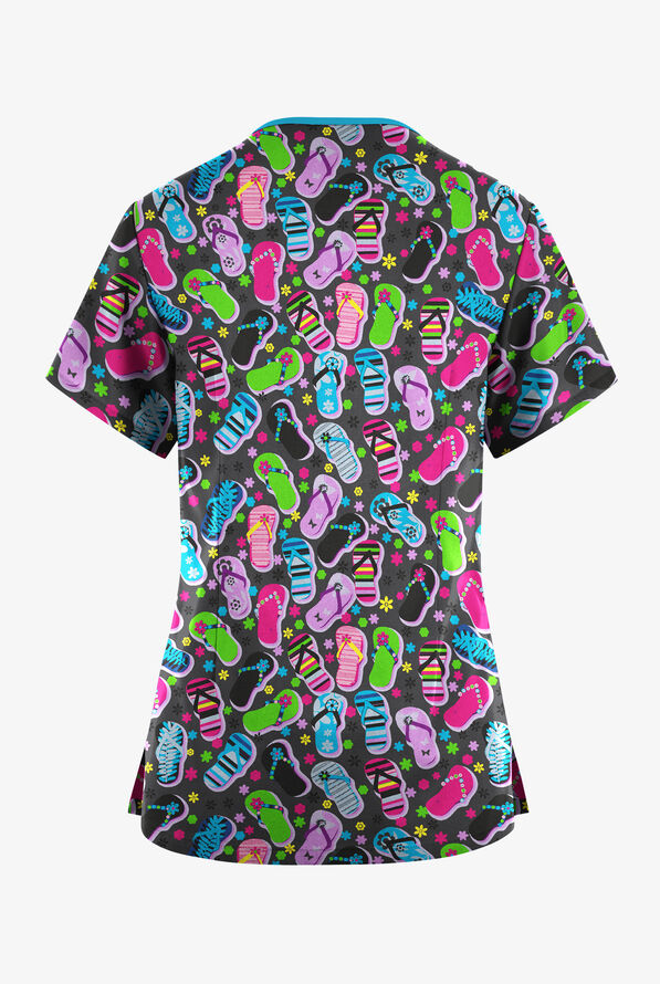 Butter-Soft Originals Flip Flop Fun Pewter Women's 3-Pocket Criss Cross Print Scrub Top - null - 2