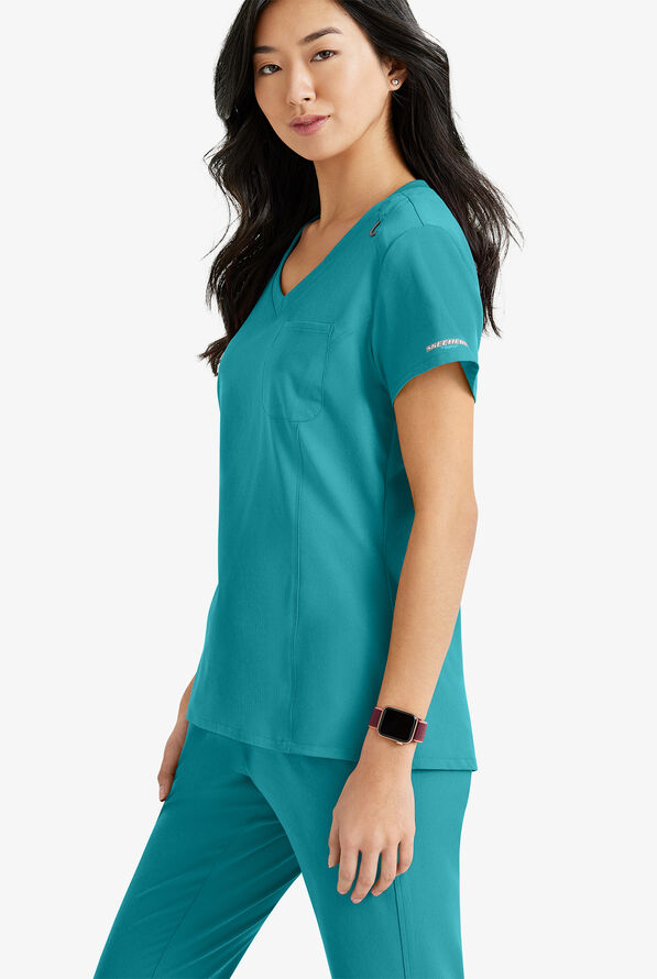 Skechers by Barco Dignity Women's 1-Pocket STRETCH Tuck In V-Neck Scrub Top - Teal - 4