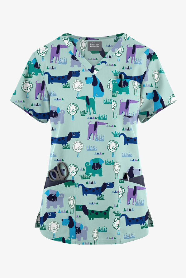 Butter-Soft Originals Meeting In The Park Women's 7-Pocket Rounded V-Neck Print Scrub Top - null - 1