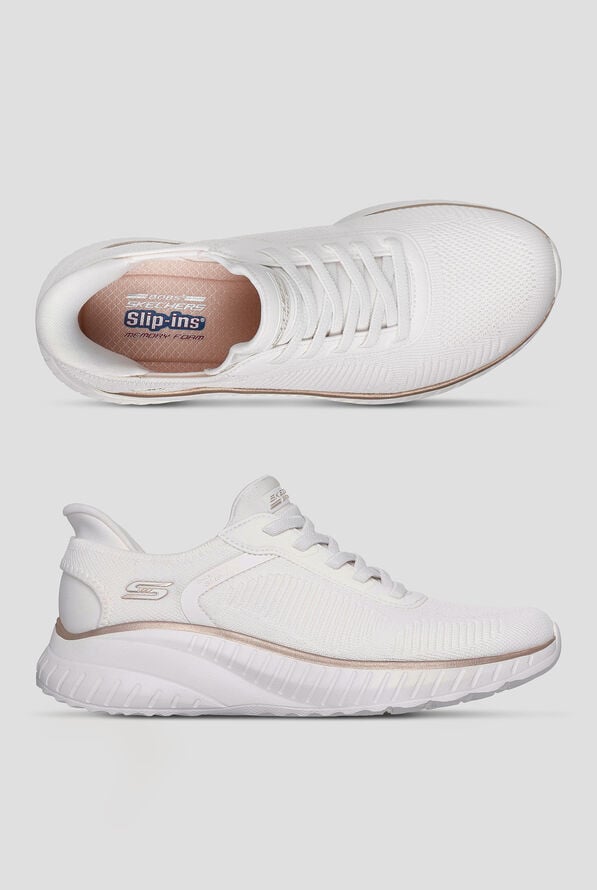 Skechers BOBS Sport Squad Chaos White/Gold Women's Slip Ins Knit Bungee Athletic Shoes - null - 1