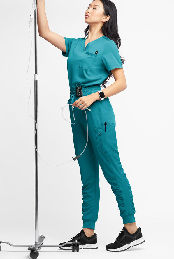 Blusa médica WhisperLite Zora Stretch con cuello en V y 2 bolsillos para mujer - Teal - 3