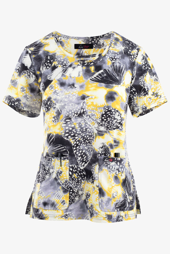 koi Lite Sunny Tie Dye Butterfly Women's 2-Pocket STRETCH Asymmetric Keyhole Print Scrub Top - null - 1