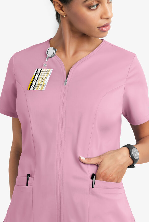 Butter-Soft STRETCH Women's 4-Pocket Smooth Face Zipper Scrub Top - Cherry Blossom - 3