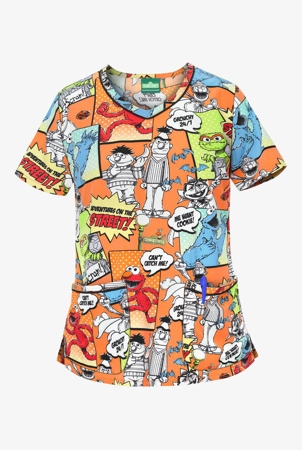 Cherokee Tooniforms Sesame Street Street Adventures Women's 2-Pocket V-Neck Print Scrub Top - null - 1
