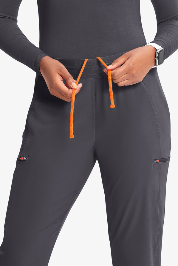 Infinity GNR8 Women's 4-Pocket STRETCH Rib-Knit Internal Drawstring Cargo Jogger Scrub Pants - Pewter/Vivid Orange - 3