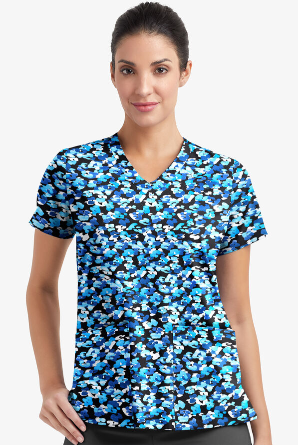 Easy STRETCH Mystical Animal Onyx Women's 2-Pocket Mitered V-Neck Print Scrub Top - null - 2