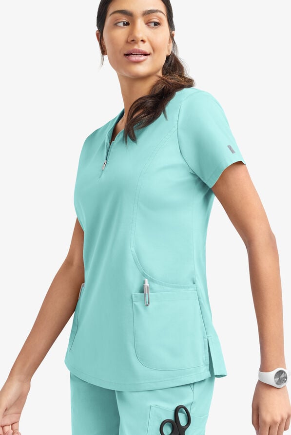 Butter-Soft STRETCH Women's 4-Pocket Curved Neck Zipper Scrub Top - Aqua Moon - 3