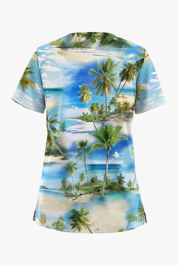Butter-Soft STRETCH Aloha Paradise Turquoise Women's 2-Pocket V-Neck Print Scrub Top - null - 2