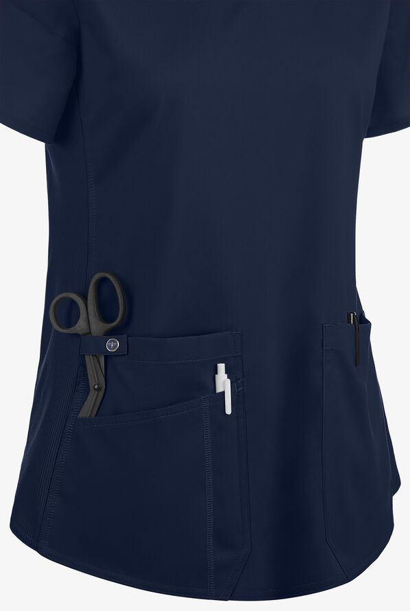 Blusa m&eacute;dica Med Couture Touch STRETCH con cuello en V, paneles laterales acanalados, fald&oacute;n camisero y 3 bolsillos para mujer - Navy - 3
