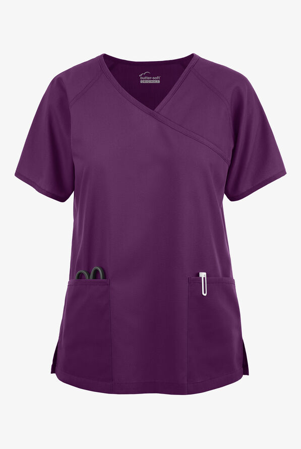 Blusa médica Butter-Soft Originals estilo cruzado con mangas raglán y 3 bolsillos para mujer - Eggplant - 1