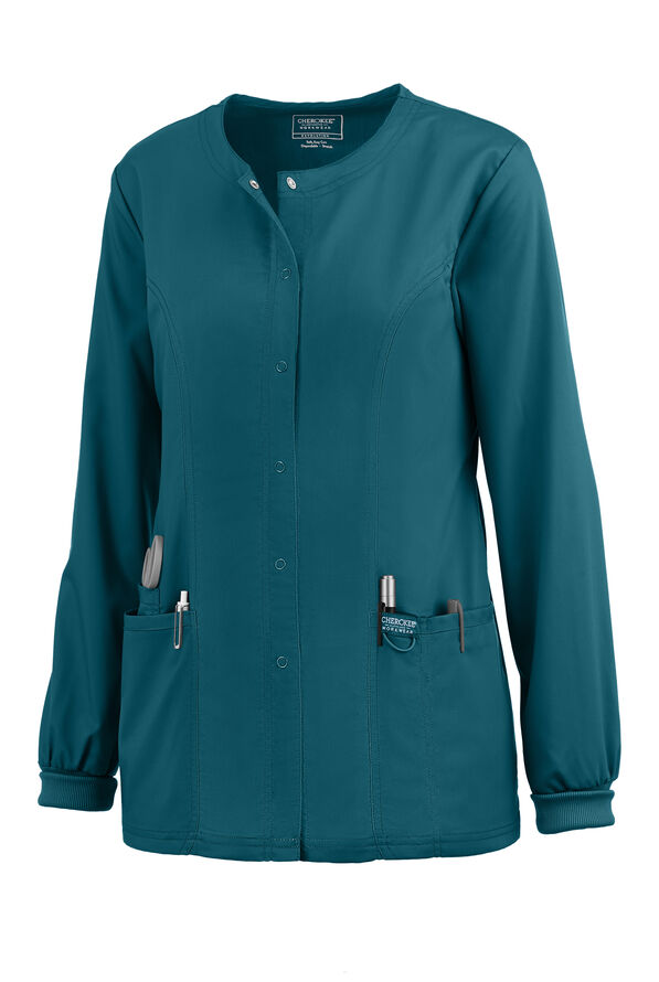 Cherokee Workwear Revolution Women's 3-Pocket STRETCH Snap Front Scrub Jacket - Caribbean Blue - 1