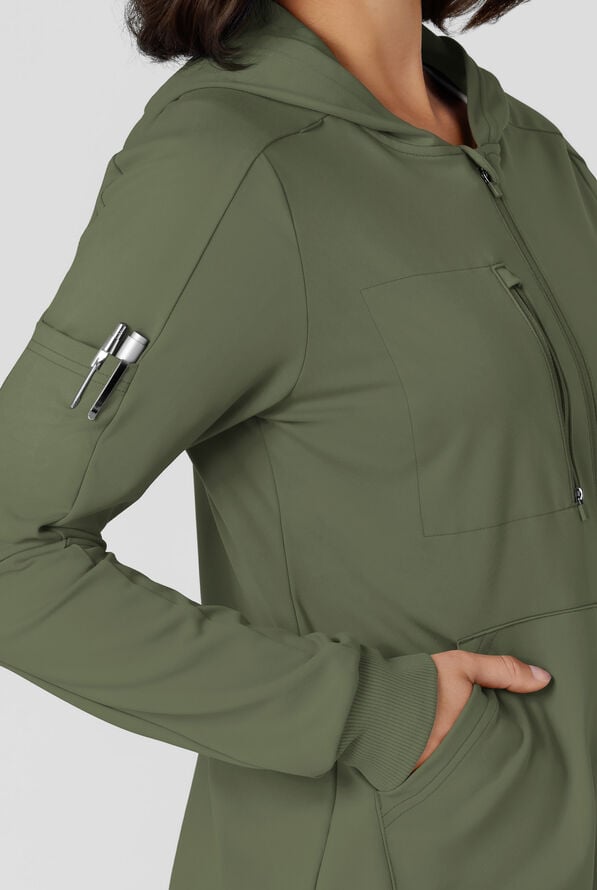 Wink Renew Knit Women's 4-Pocket STRETCH Front Zip Scrub Hoodie Jacket - Olive - 2