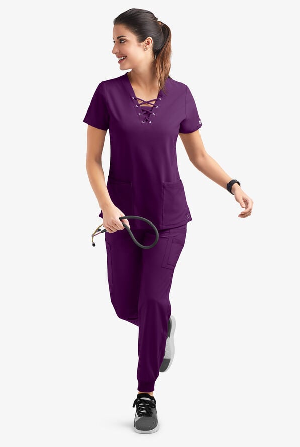 Easy STRETCH Gisele Women's 4-Pocket Lace Up V-Neck Scrub Top - Eggplant - 6