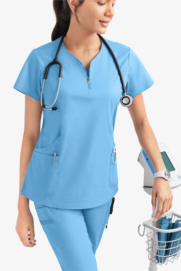 Butter-Soft STRETCH Women's 4-Pocket Curved Neck Zipper Scrub Top - Blue Oasis - 6