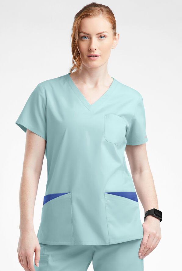 Blusa médica Butter-Soft Originals con cuello en V curvo y 7 bolsillos para mujer - Salt Blue/Galaxy - 2