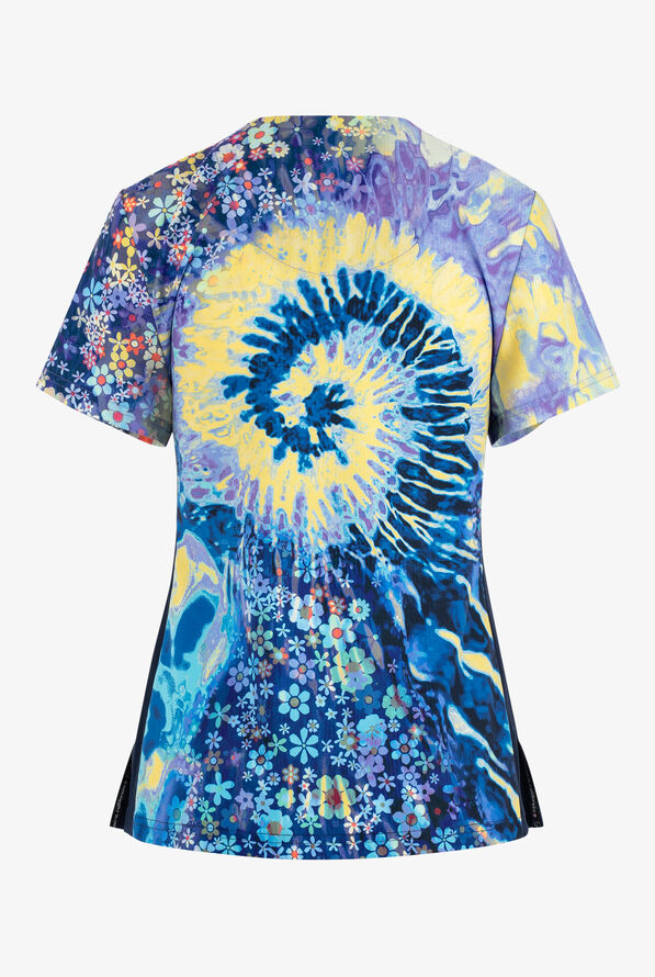 koi Lite Groovy Floral Navy/Wisteria/Yellow Women's 2-Pocket V-Neck Print Scrub Top - null - 2