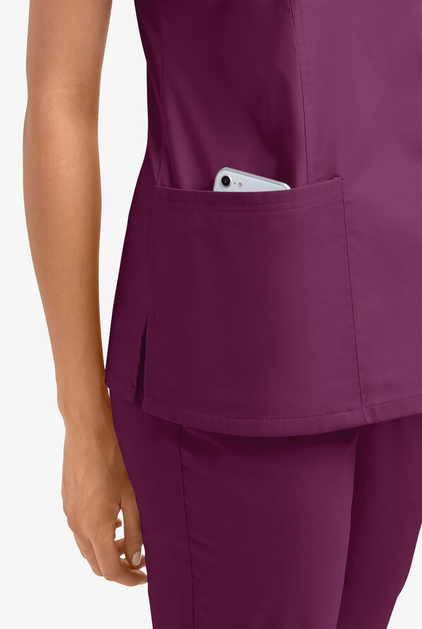 Butter-Soft STRETCH Women's 3-Pocket V-Neck Mock Wrap Scrub Top - Wine - 5