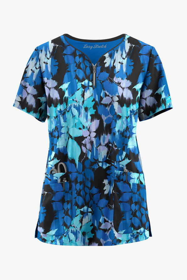 Easy STRETCH Magical Garden Women's 4-Pocket Zip Curved Neck Print Scrub Top - null - 1