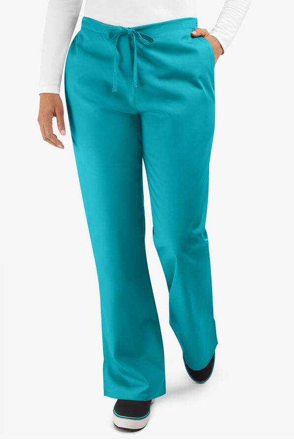 Cherokee Workwear Women's 3-Pocket Flare Leg Drawstring Scrub Pants - Teal Blue - 1