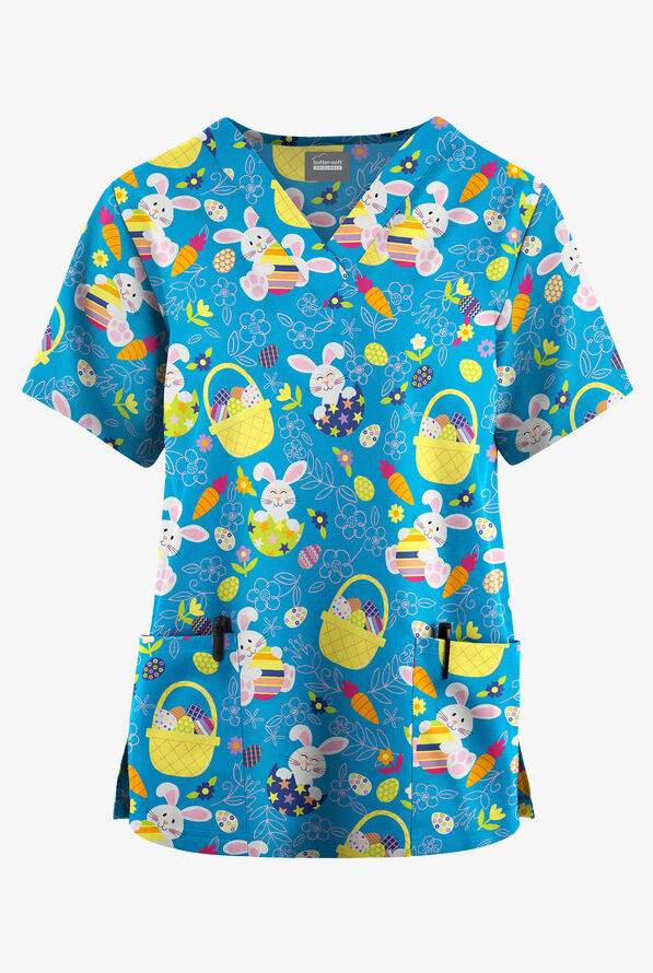 Butter-Soft Originals Easter Basket Turquoise Women's 2-Pocket V-Neck Print Scrub Top - null - 1