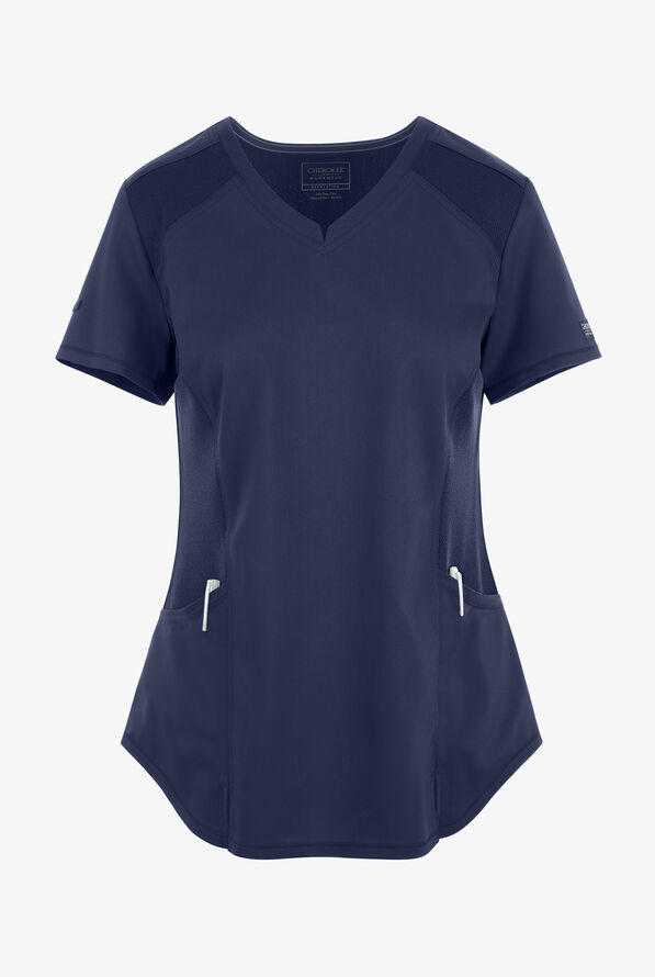 UA Exclusive Cherokee Workwear Revolution Women's 2-Pocket STRETCH Mesh Trim V-Neck Scrub Top - Navy - 1