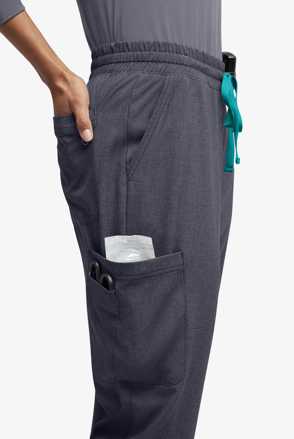 Easy STRETCH Naya Women’s Natural Waist 6-Pocket Straight Leg Scrub Pants - Petite - Charcoal Heather/Teal - 2