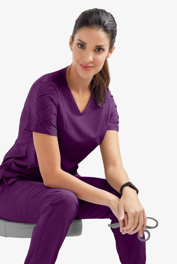 Easy STRETCH Kylie Woman's 5 Pocket V-Neck With Criss-Cross Detail Scrub Top - Eggplant - 5