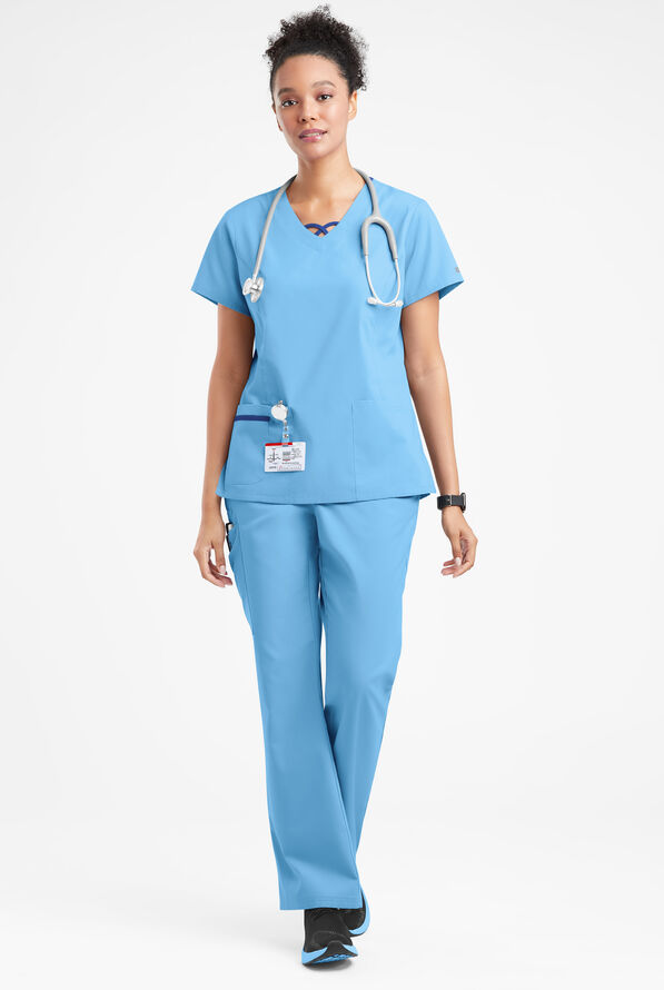 Butter-Soft Originals Women's 3-Pocket Crisscross Contrast V-Neck Scrub Top - Blue Oasis/Galaxy - 4