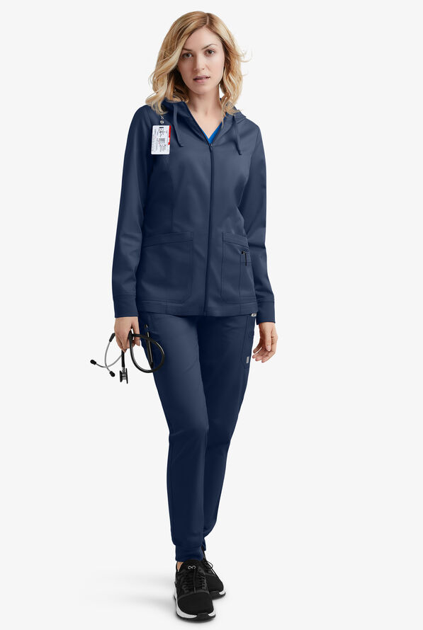 Butter-Soft STRETCH Women's 3-Pocket Zip-Front with Cozy Knit Hood and Trim Scrub Jacket - Navy - 2