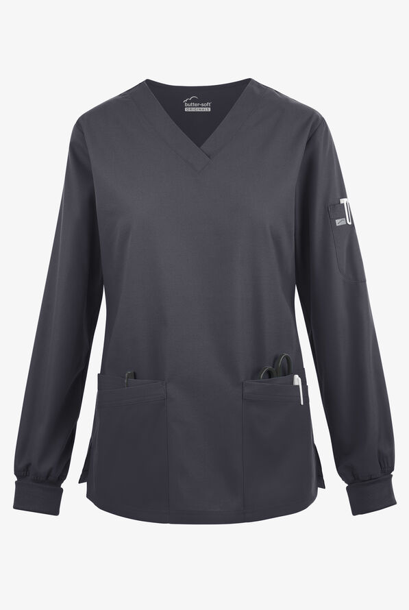 Blusa médica manga larga Butter-Soft Originals con cuello en V curvo y 7 bolsillos para mujer - Pewter - 1