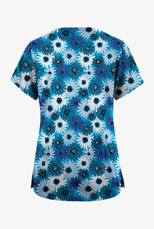 Blusa médica estampada Butter-Soft Originals Pop Of Daisies Turquoise con cuello festoneado y 6 bolsillos para mujer - null - 2