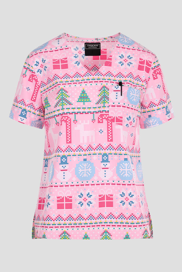 Cherokee Festive Fair Isle Women's 2-Pocket STRETCH V-Neck Print Scrub Top - null - 1