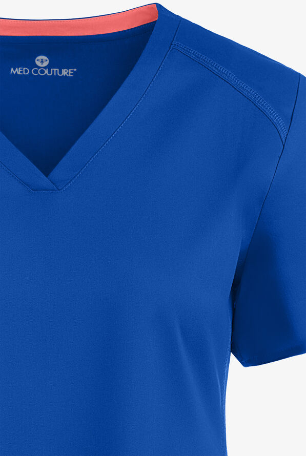 Med Couture Touch Women's 3-Pocket STRETCH Rib-Knit Side Panels Shirttail V-Neck Scrub Top - Royal - 4