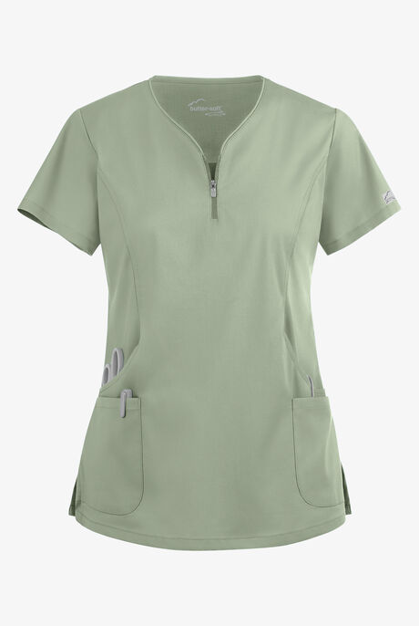 Butter-Soft STRETCH Women's 4-Pocket Curved Neck Zipper Scrub Top