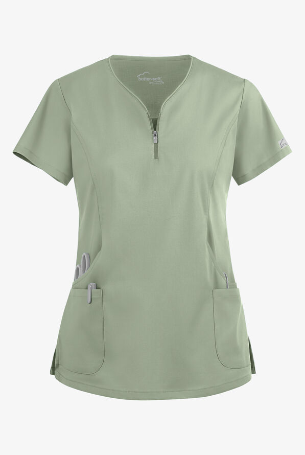 Butter-Soft STRETCH Women's 4-Pocket Curved Neck Zipper Scrub Top - Sage Green - 1