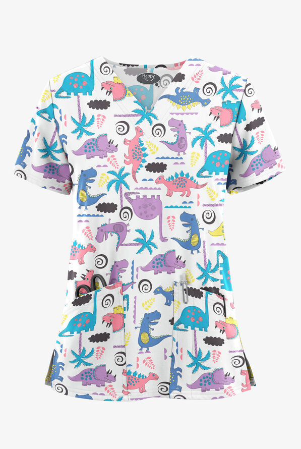 Blusa médica estampada Happy Scrubs Stompin' Dino Orchid con cuello en V y 2 bolsillos para mujer - null - 1