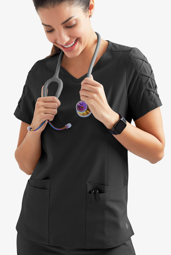 Easy STRETCH Kylie Woman's 5 Pocket V-Neck With Criss-Cross Detail Scrub Top - Onyx Black - 3