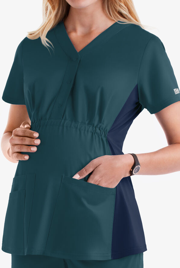 Butter-Soft STRETCH Women's 3-Pocket Knit Panel Maternity Scrub Top - Caribbean Blue/Navy - 4