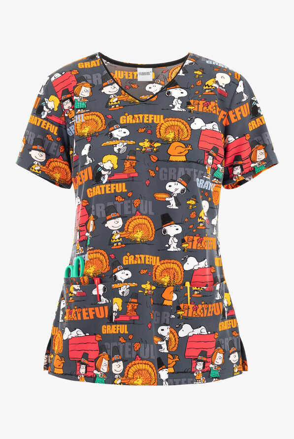 Tooniforms Grateful Snoopy Thanksgiving Women's 3-pocket V-Neck STRETCH Print Scrub Top - null - 1