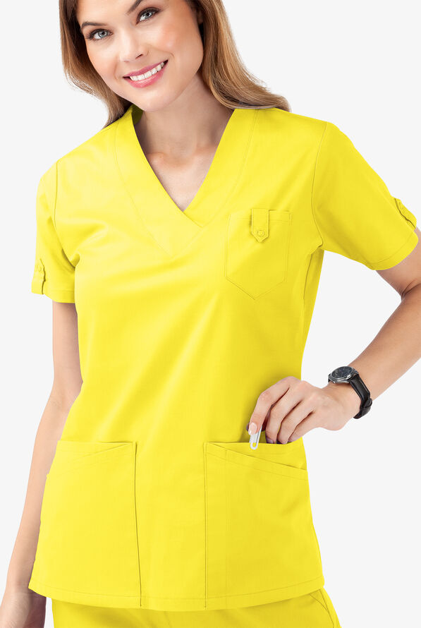 Butter-Soft STRETCH Women's 6-Pocket V-Neck Scrub Top - Bright Daffodil - 5