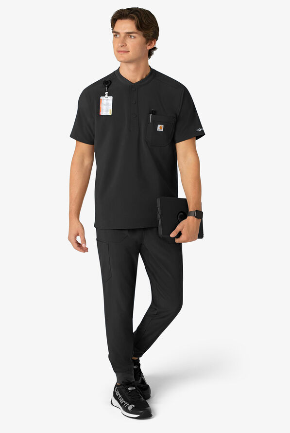 Carhartt Cross-Flex Men's 3-Pocket STRETCH Zip Pocket Henley Banded Collar Scrub Top - Black - 5