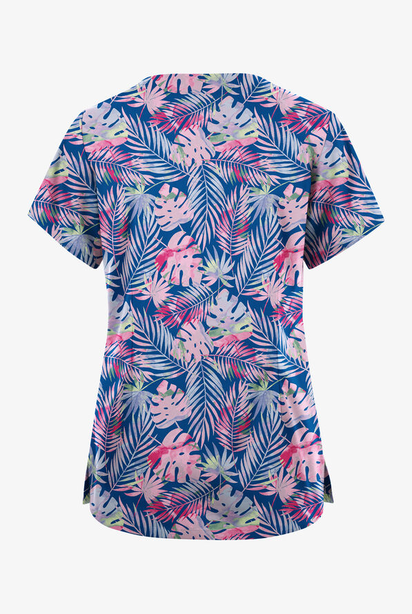 Butter-Soft Originals Tropical Garden Royal Women's 6-Pocket Scallop Neck Print Scrub Top - null - 2