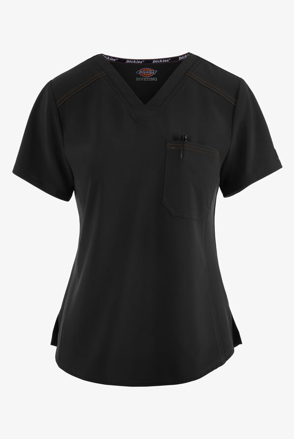 Dickies Riveting Women's 1-Pocket STRETCH Contrast Stitching Tuck In V-Neck Scrub Top - Black - 1
